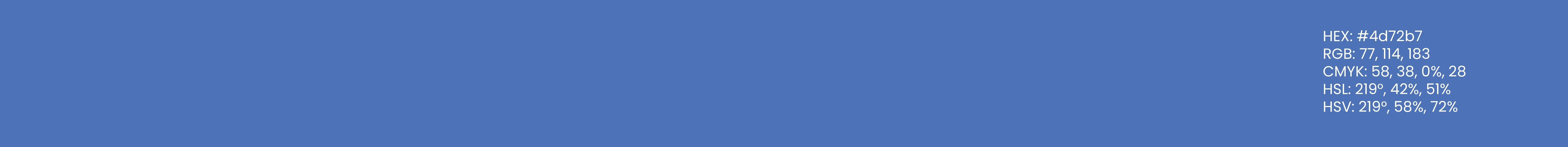 Remotehands - Colorpalette 3; HEX #4d72b7; RGB 77, 114, 183; CYMK 58, 38, 0%, 28; HSL 219, 42%, 51%; HSV 219, 58%, 72%
